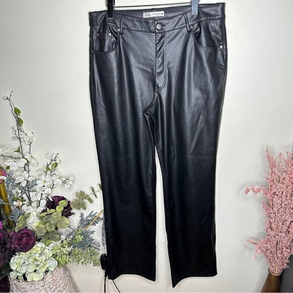 ZARA Faux Leather High Rise Straight Leg Pants Black {SS32} - Picture 2 of 5